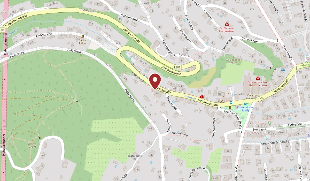 Karte der Umgebung mit dem Restaurant in der Steinbergstraße 27, 8052 Graz